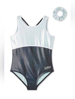 Justice Girls Blue & Black One-Piece Dance Gymnastics Leotard with Scrunchie